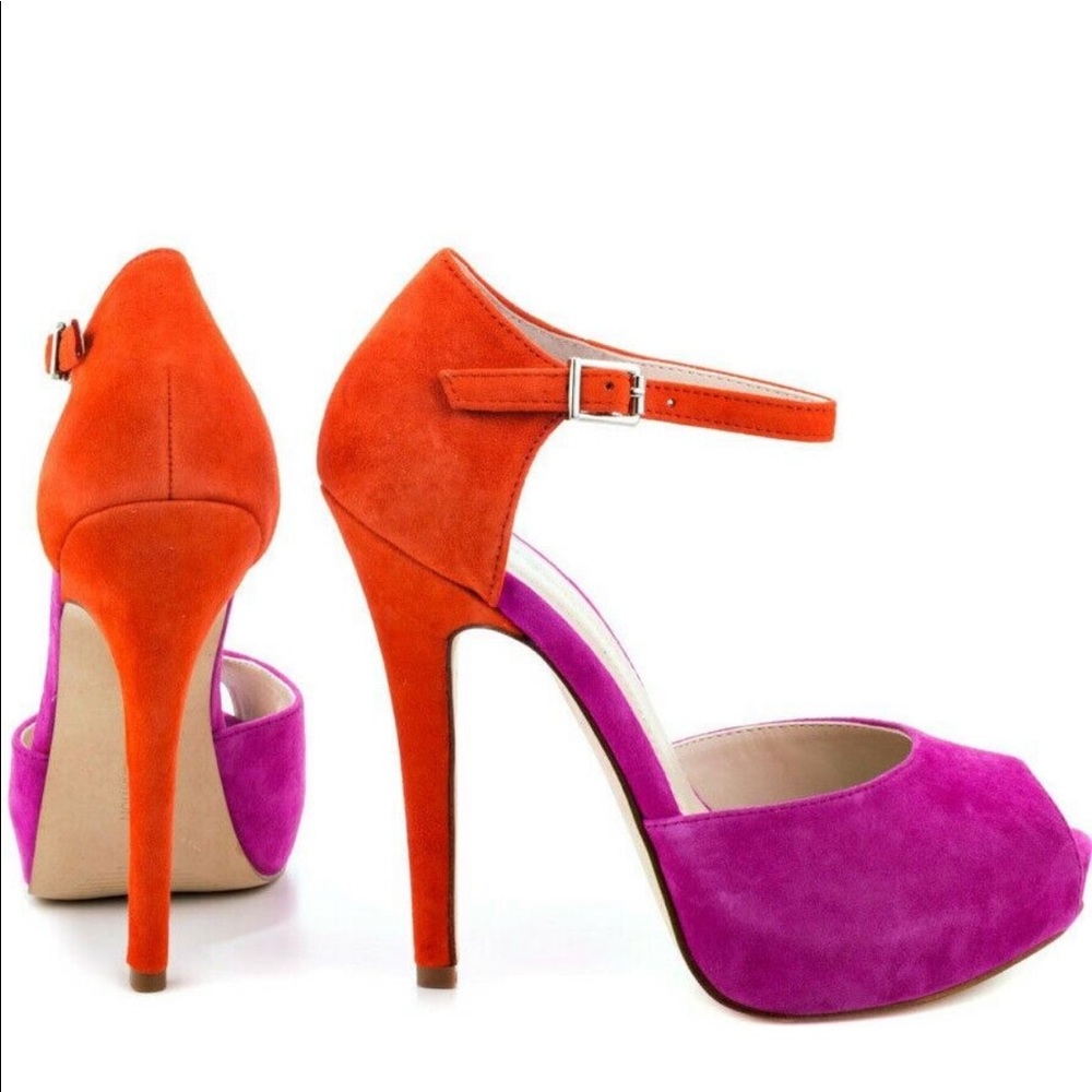 BCBGeneration Lin Ankle Strap Peep Toe Stiletto Heels Bright Suede